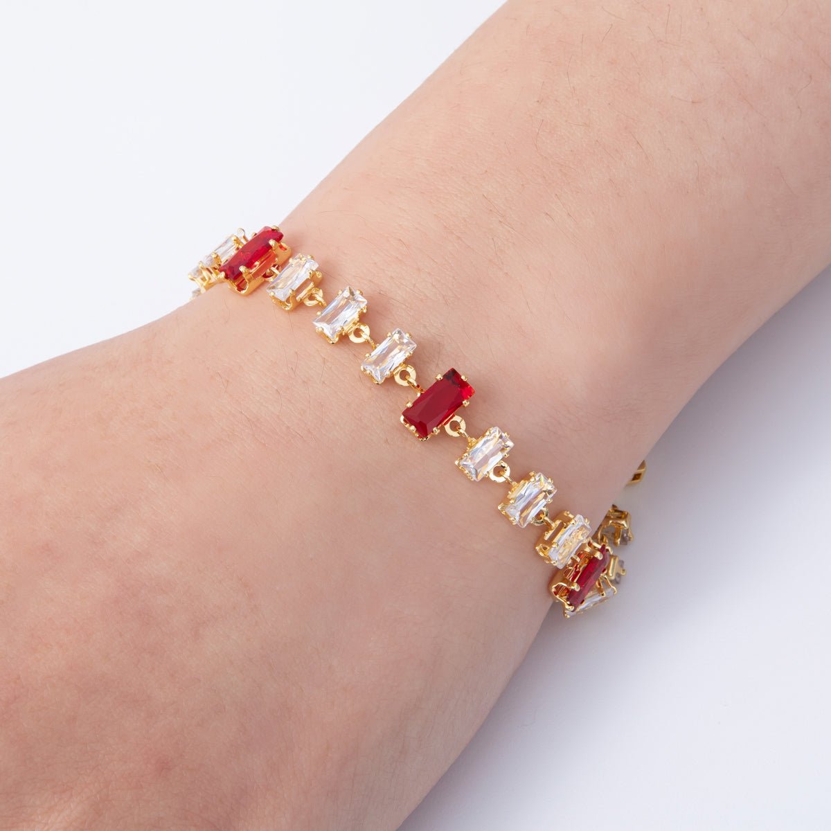18K Gold Filled 9mm Red Clear Baguette CZ Tennis Chain 7 Inch Bracelet | WA - 04221 - DLUXCA