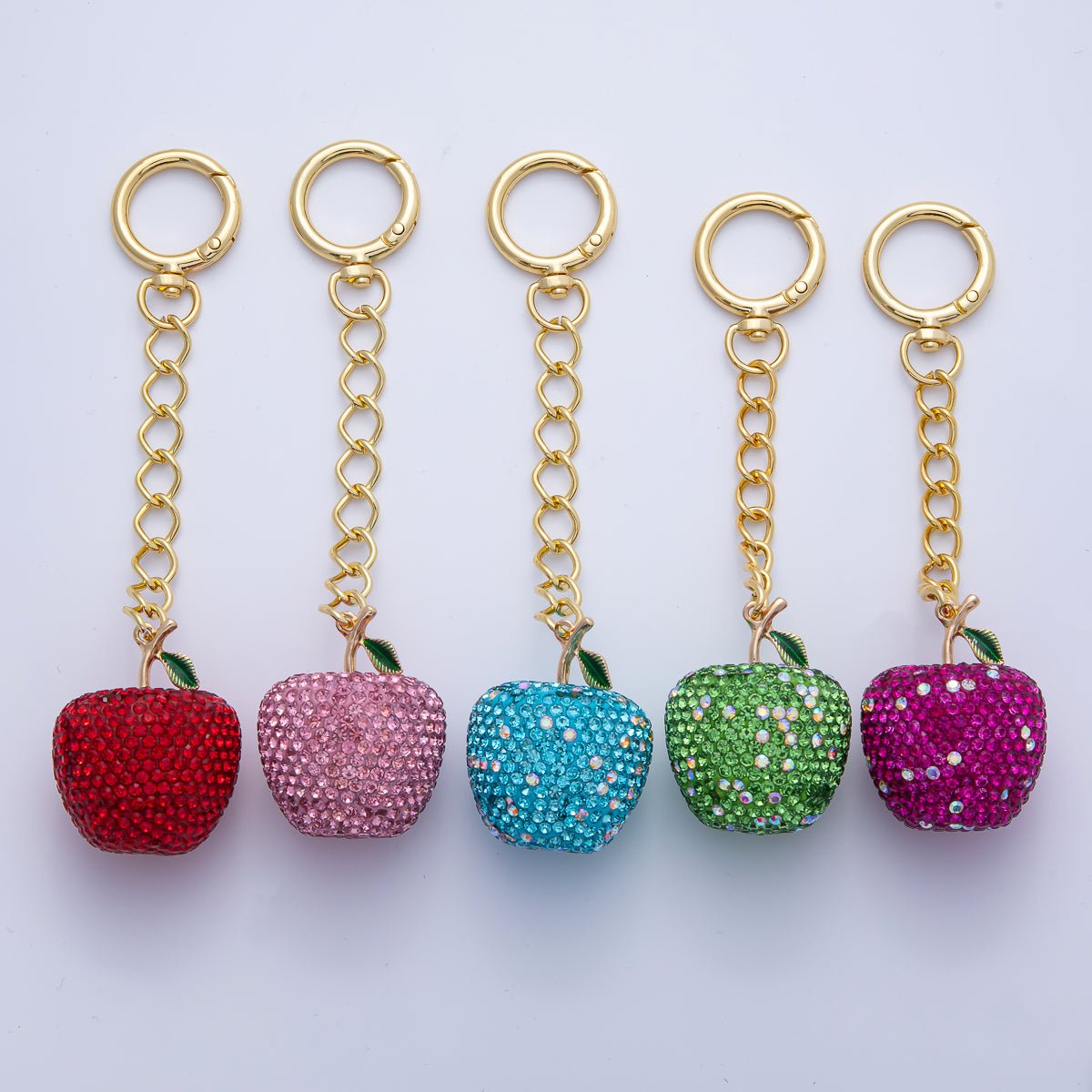 18K Gold Filled Apple Bedazzled Bag Charm Keychain Push Gate Accessories | WB - 00268 ~ WB - 00272 - DLUXCA
