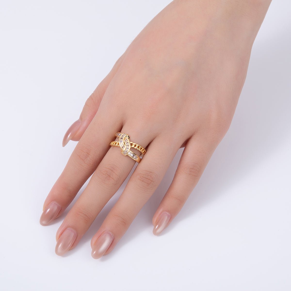 18K Gold Filled Baguette CZ Curb Chain Geometric Knot Double Band Ring | O1751 - DLUXCA