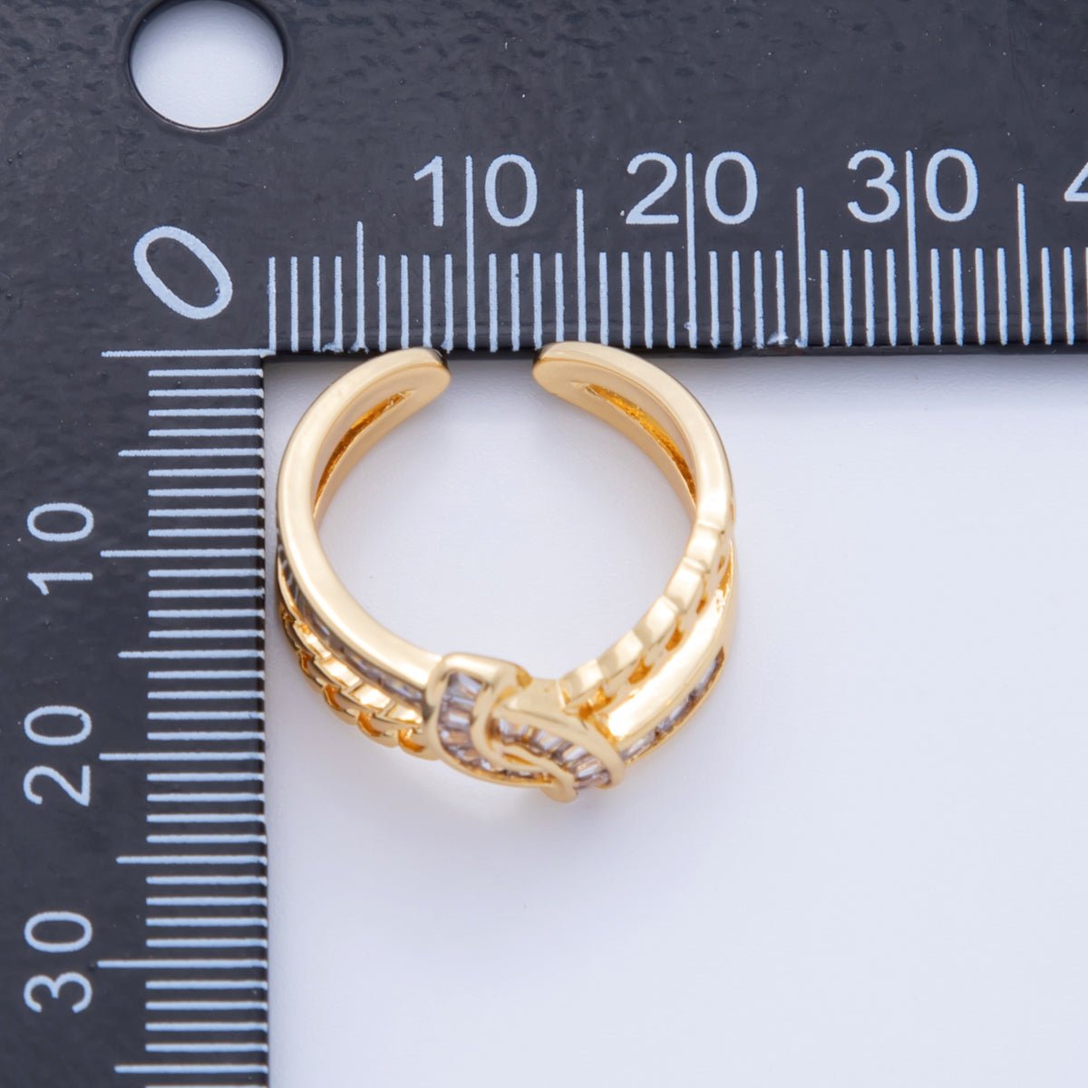 18K Gold Filled Baguette CZ Curb Chain Geometric Knot Double Band Ring | O1751 - DLUXCA