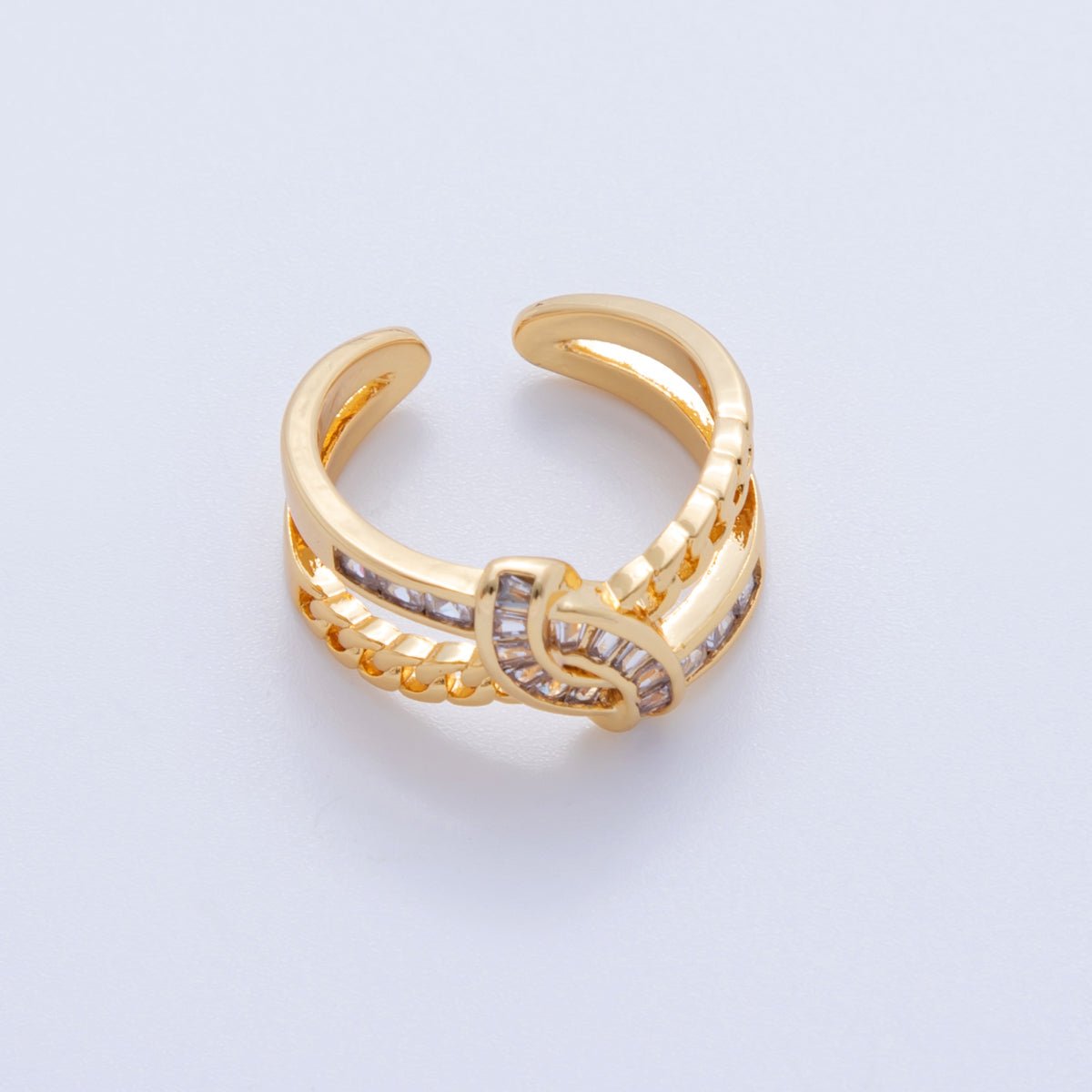 18K Gold Filled Baguette CZ Curb Chain Geometric Knot Double Band Ring | O1751 - DLUXCA