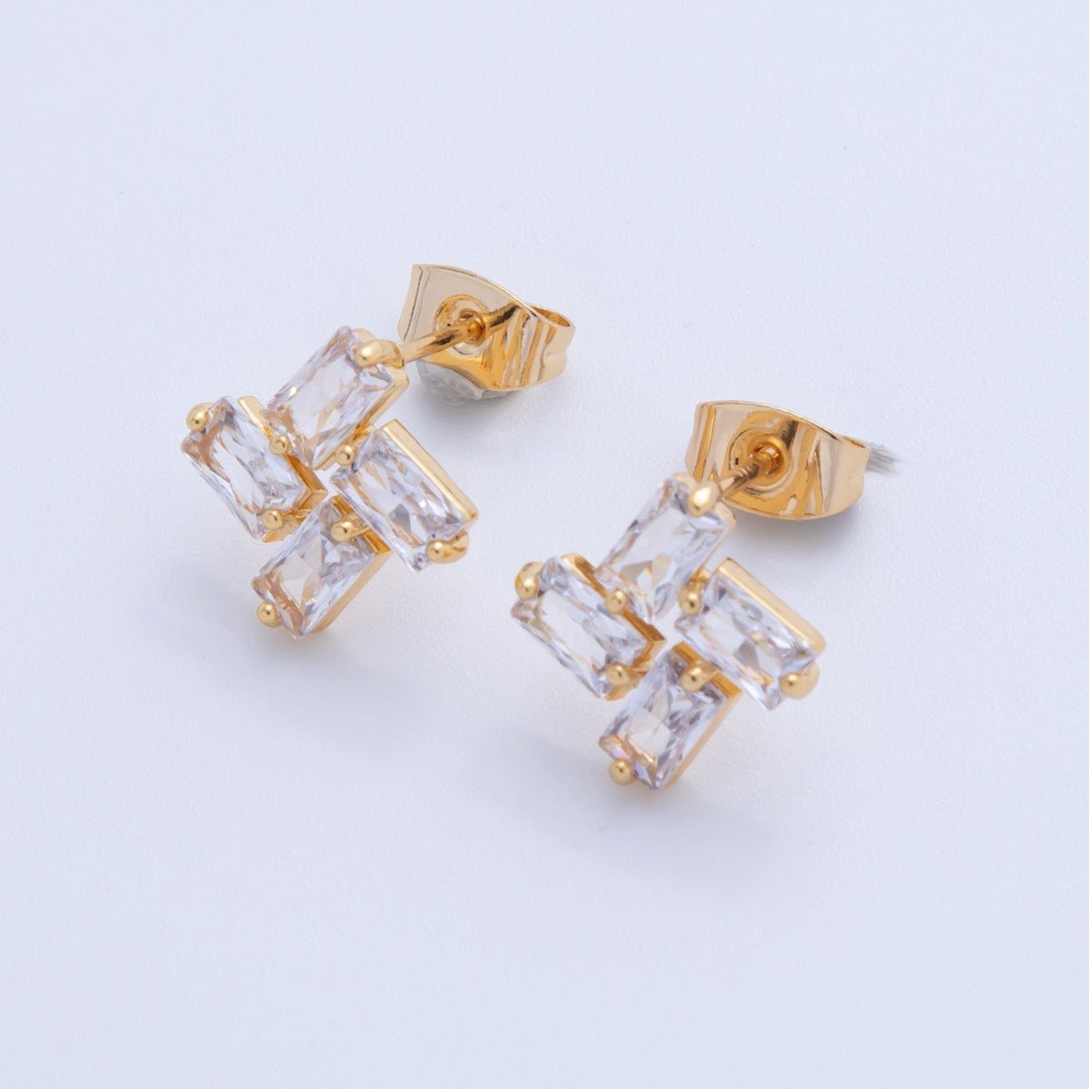 18K Gold Filled Baguette CZ Four Sides Rectangular Stud Earrings | AI374 - DLUXCA