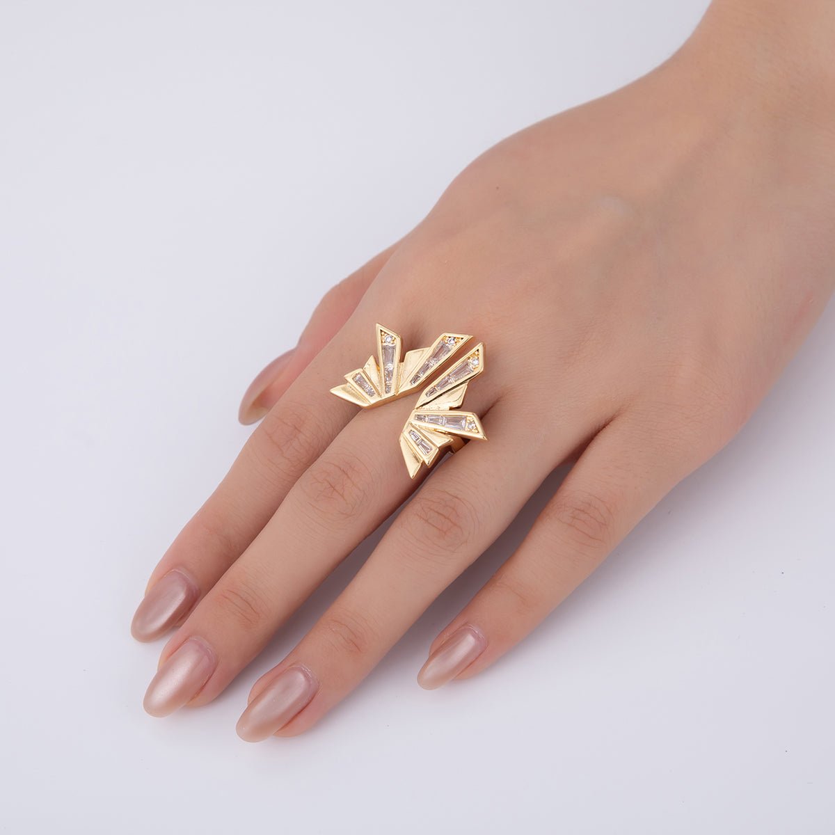 18K Gold Filled Baguette CZ Geometric Wings Burst Open Wrap Ring | O1750 - DLUXCA