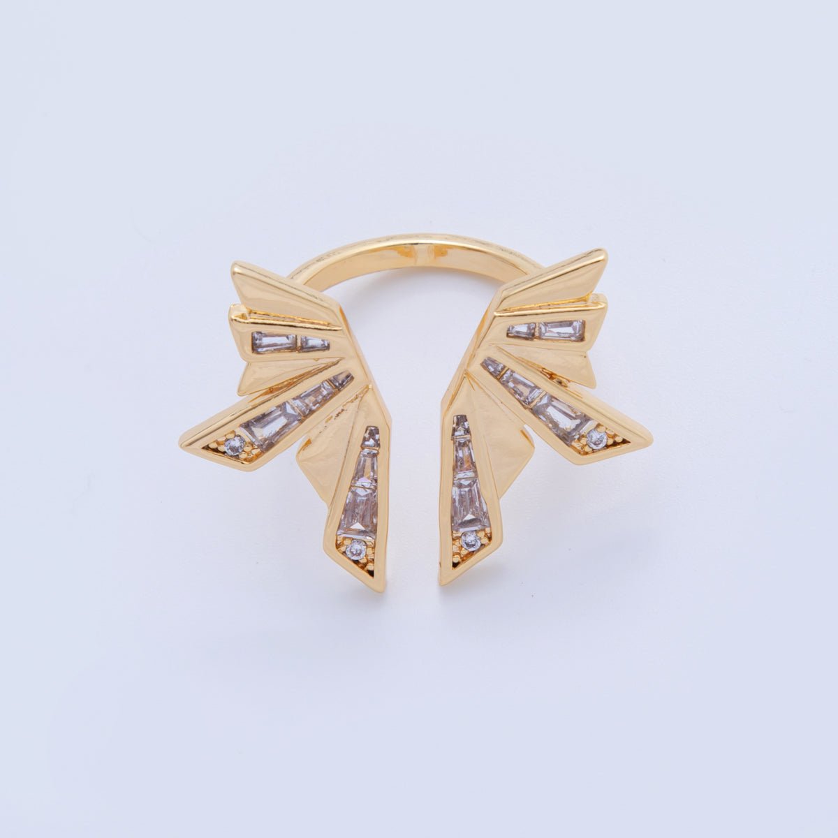18K Gold Filled Baguette CZ Geometric Wings Burst Open Wrap Ring | O1750 - DLUXCA