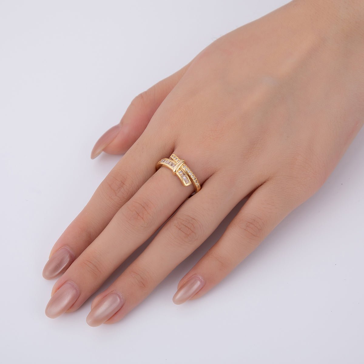 18K Gold Filled Baguette Micro Paved CZ Knot Double Bar Ring | O1726 - DLUXCA