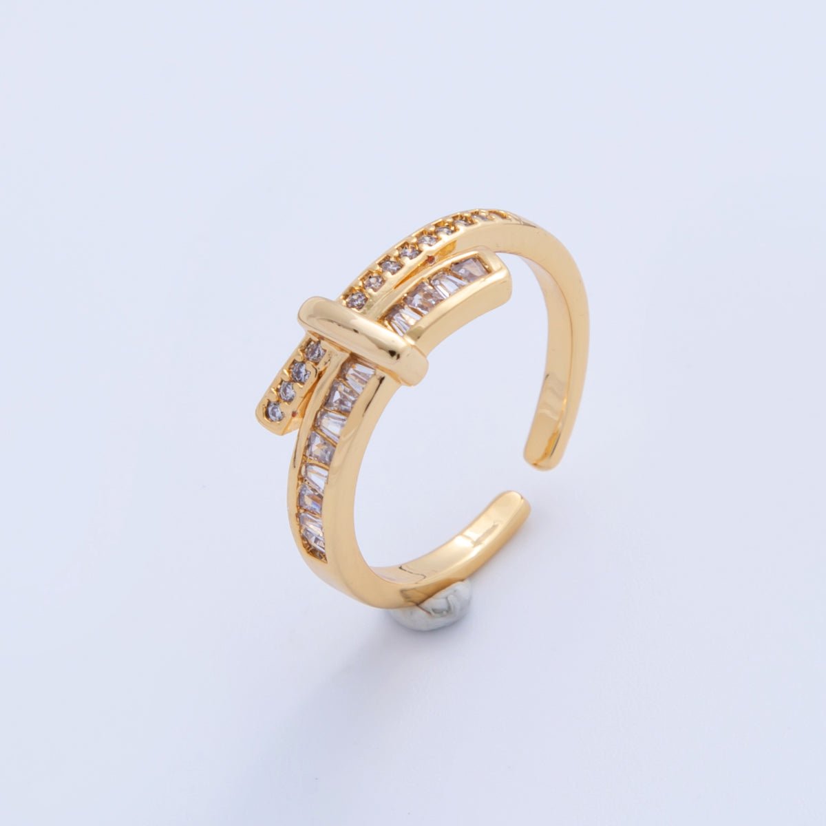 18K Gold Filled Baguette Micro Paved CZ Knot Double Bar Ring | O1726 - DLUXCA