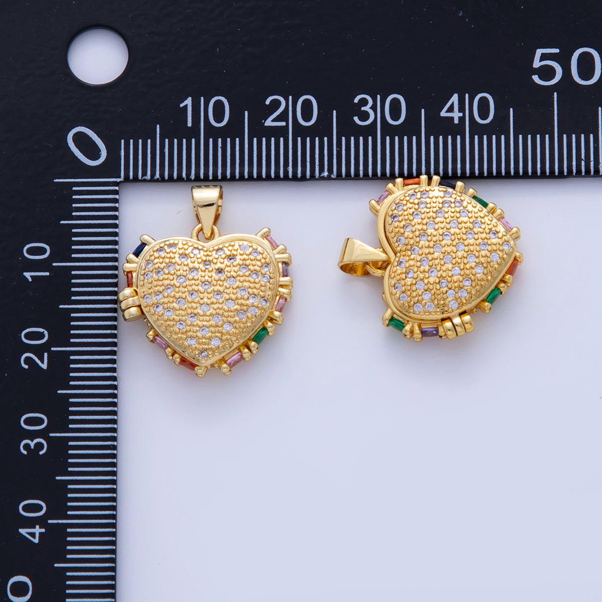 18K Gold Filled Baguette Multicolor Micro Paved CZ Heart Locket Pendant | AH719 - DLUXCA