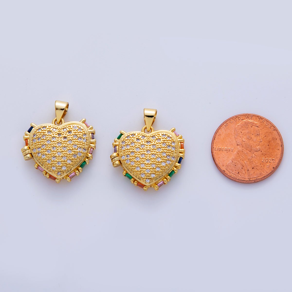 18K Gold Filled Baguette Multicolor Micro Paved CZ Heart Locket Pendant | AH719 - DLUXCA