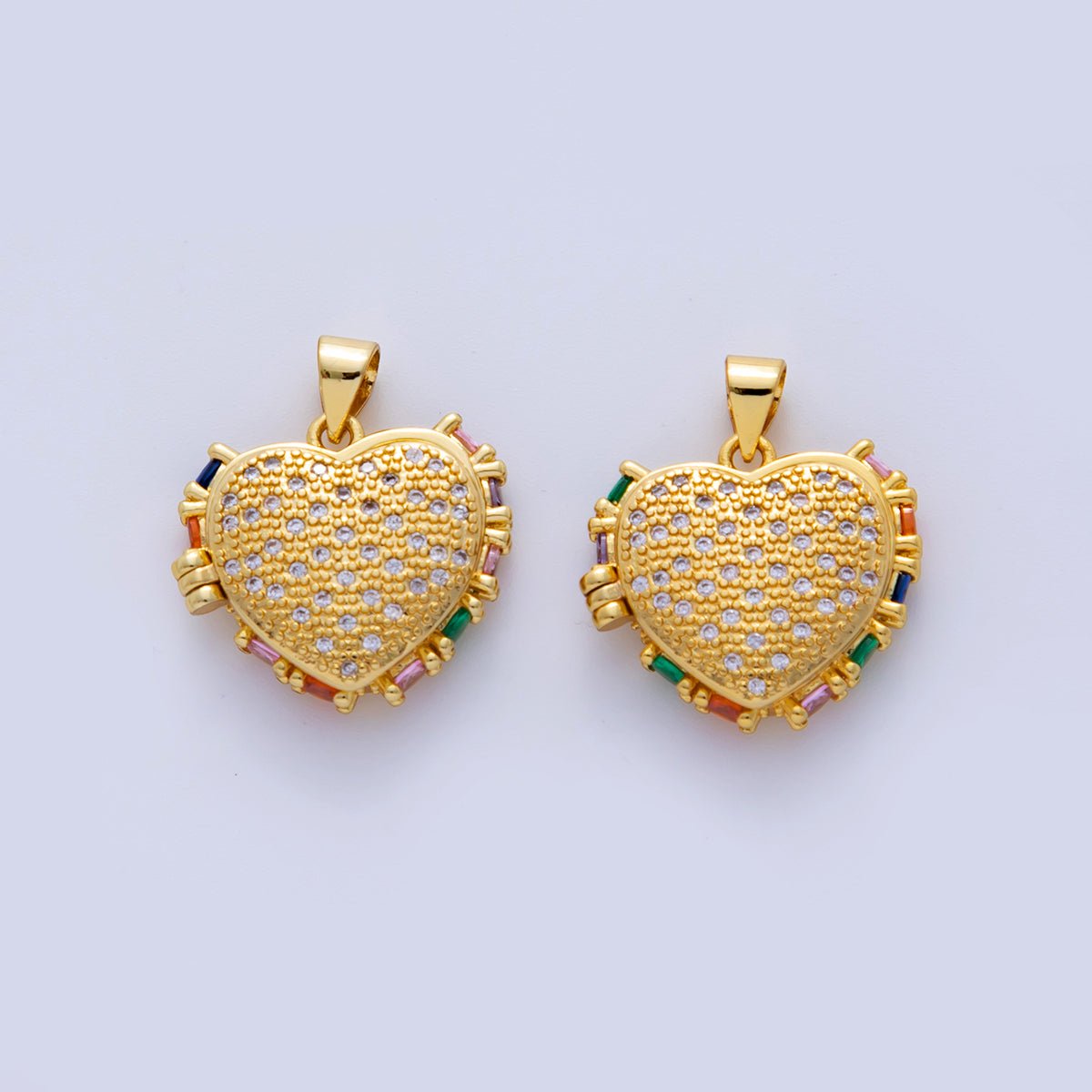 18K Gold Filled Baguette Multicolor Micro Paved CZ Heart Locket Pendant | AH719 - DLUXCA