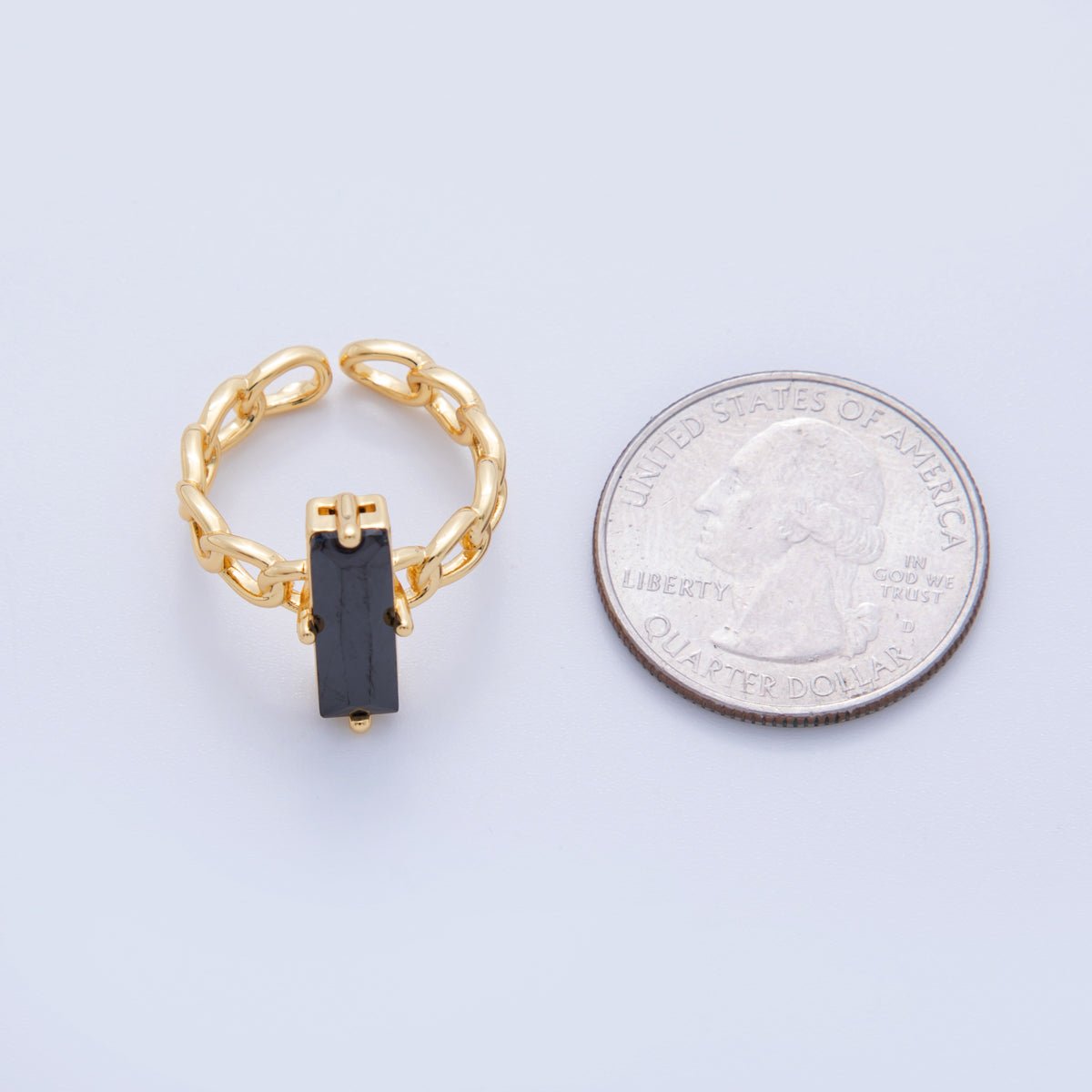 18K Gold Filled Black Baguette CZ Curb Band Solitaire Ring | O1838 - DLUXCA