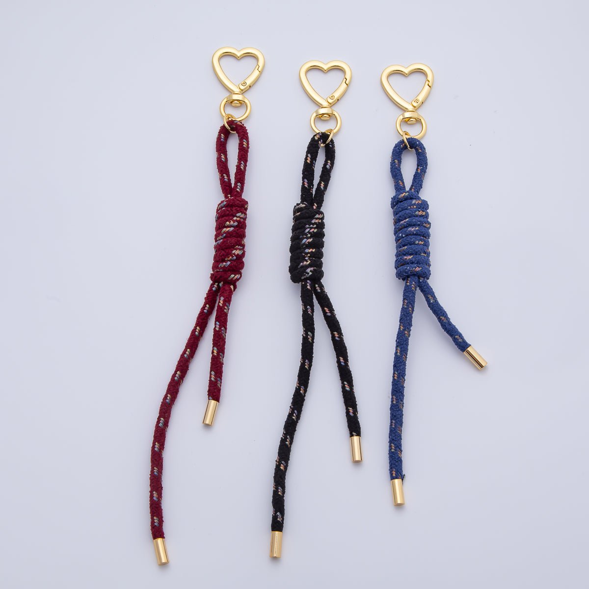 18K Gold Filled Black, Blue, Red Knot Tweed Cord Heart Push Gate Keychain Accessories | WB - 00170 ~ WB - 00172 - DLUXCA