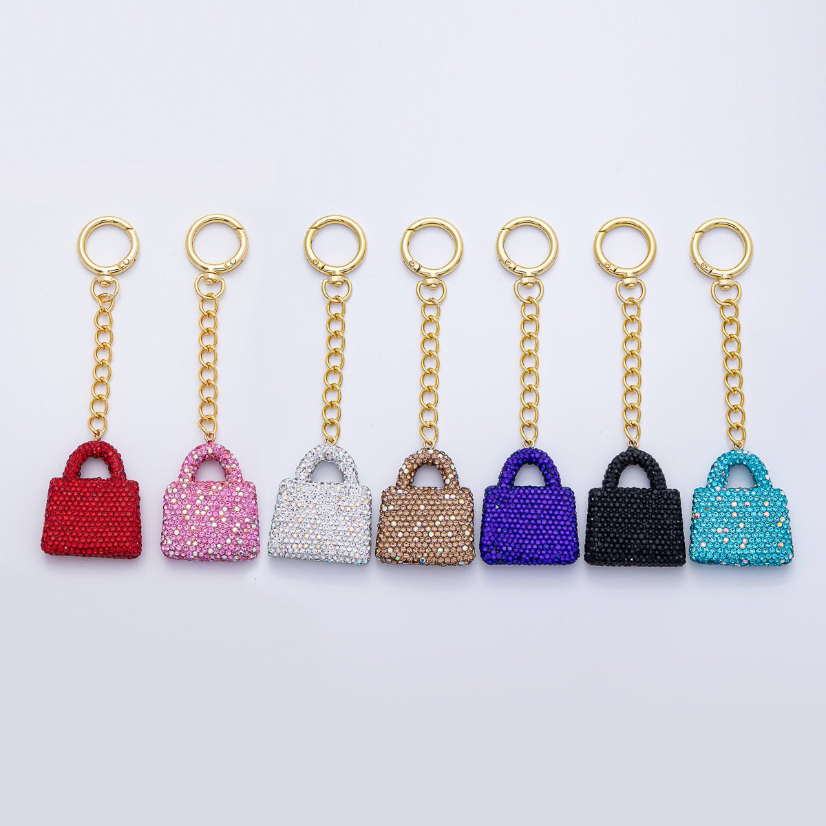 18K Gold Filled Black, Brown, White, Blue, Red, Pink Bedazzled Purse Bag Charm Keychain Push Gate Key Ring Accessories | WB - 00258 ~ WB - 00264 - DLUXCA