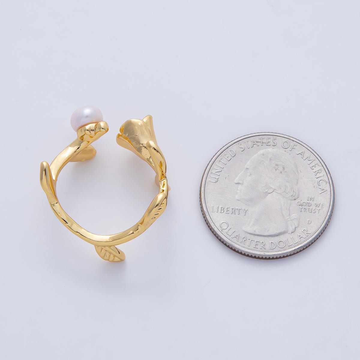 18K Gold Filled Blooming Rose Flower with Champagne and White Shell Pearl Nature Inspired Adjustable Ring | O799 - DLUXCA