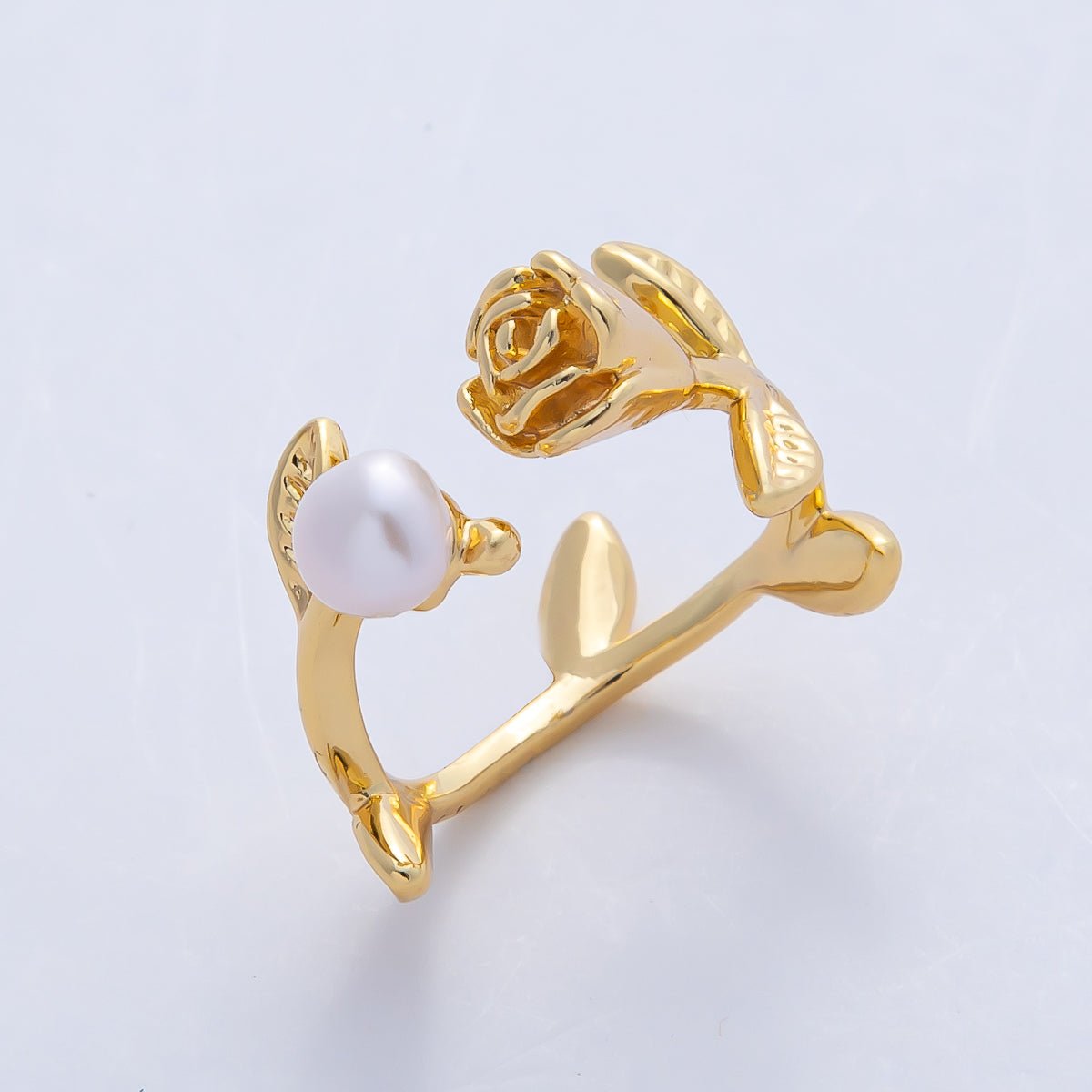 18K Gold Filled Blooming Rose Flower with Champagne and White Shell Pearl Nature Inspired Adjustable Ring | O799 - DLUXCA