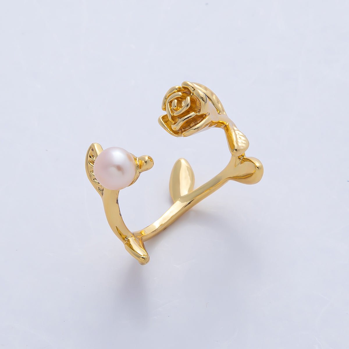 18K Gold Filled Blooming Rose Flower with Champagne and White Shell Pearl Nature Inspired Adjustable Ring | O799 - DLUXCA