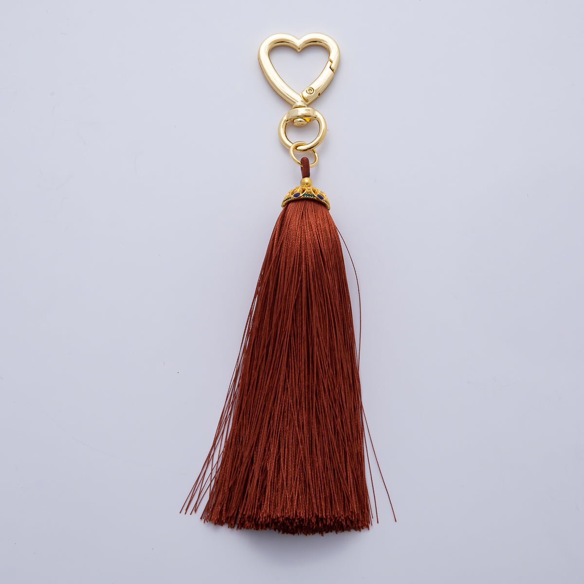 18K Gold Filled Blue, Black, Red, Purple, Green, Brown, White Tassel Heart Push Gate Keychain Fringe Accessories | WB - 00213 ~ WB - 00219 - DLUXCA