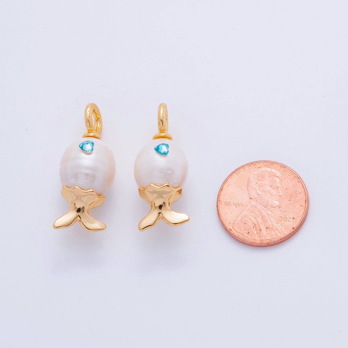 18K Gold Filled Blue CZ White Shell Pearl Fish Drop Pendant | AJ307 - DLUXCA