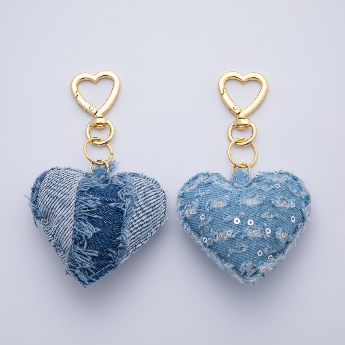 18K Gold Filled Blue Denim Puffy Heart Push Gate King Ring Keychain Accessories | AB - 00145 ~ WB - 00147 - DLUXCA