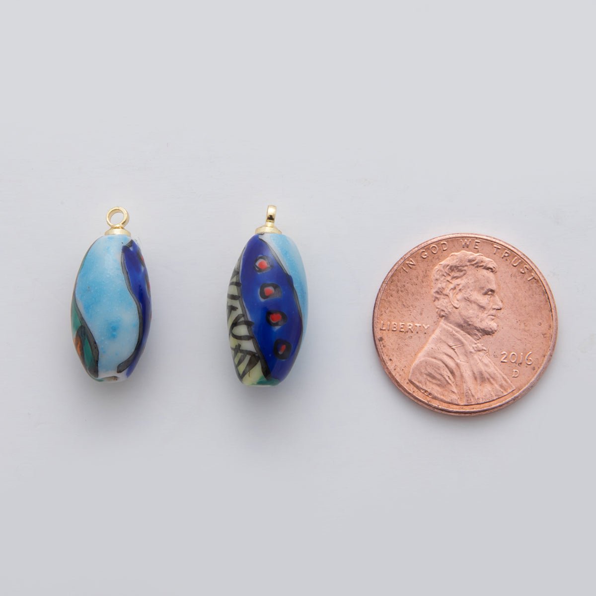 18K Gold Filled Blue - Green Abstract Doodle Oblong Ceramic Drop Pendant | X533 - DLUXCA
