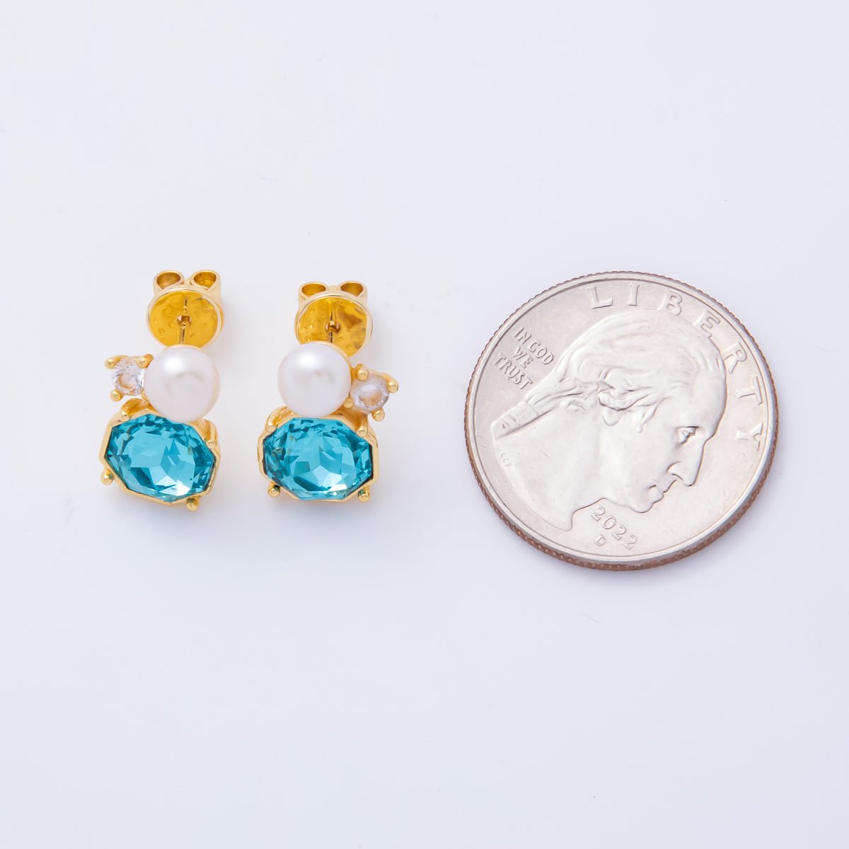 18K Gold Filled Blue Octagonal CZ Shell Pearl Cluster Studs Earrings | AJ - 194 - DLUXCA