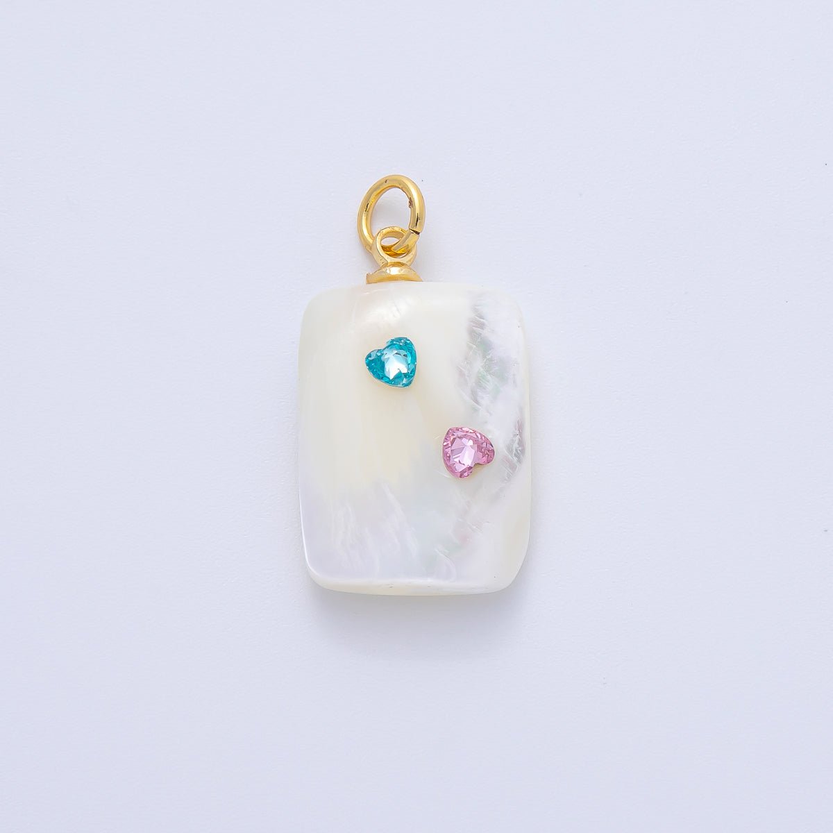 18K Gold Filled Blue Pink Heart CZ Shell Pearl Rectangular Charm | AF1384 - DLUXCA