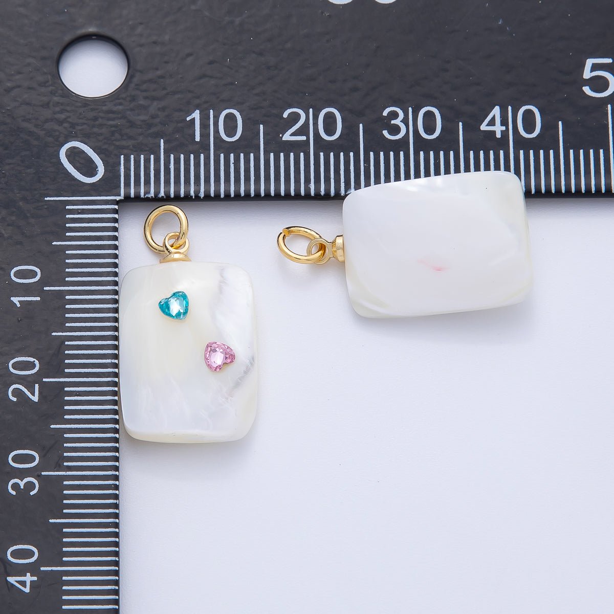 18K Gold Filled Blue Pink Heart CZ Shell Pearl Rectangular Charm | AF1384 - DLUXCA