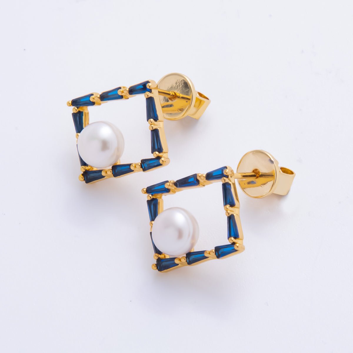 18K Gold Filled Blue Rectangular CZ Centerpoint Shell Pearl Square Studs Earrings | AJ - 189 - DLUXCA