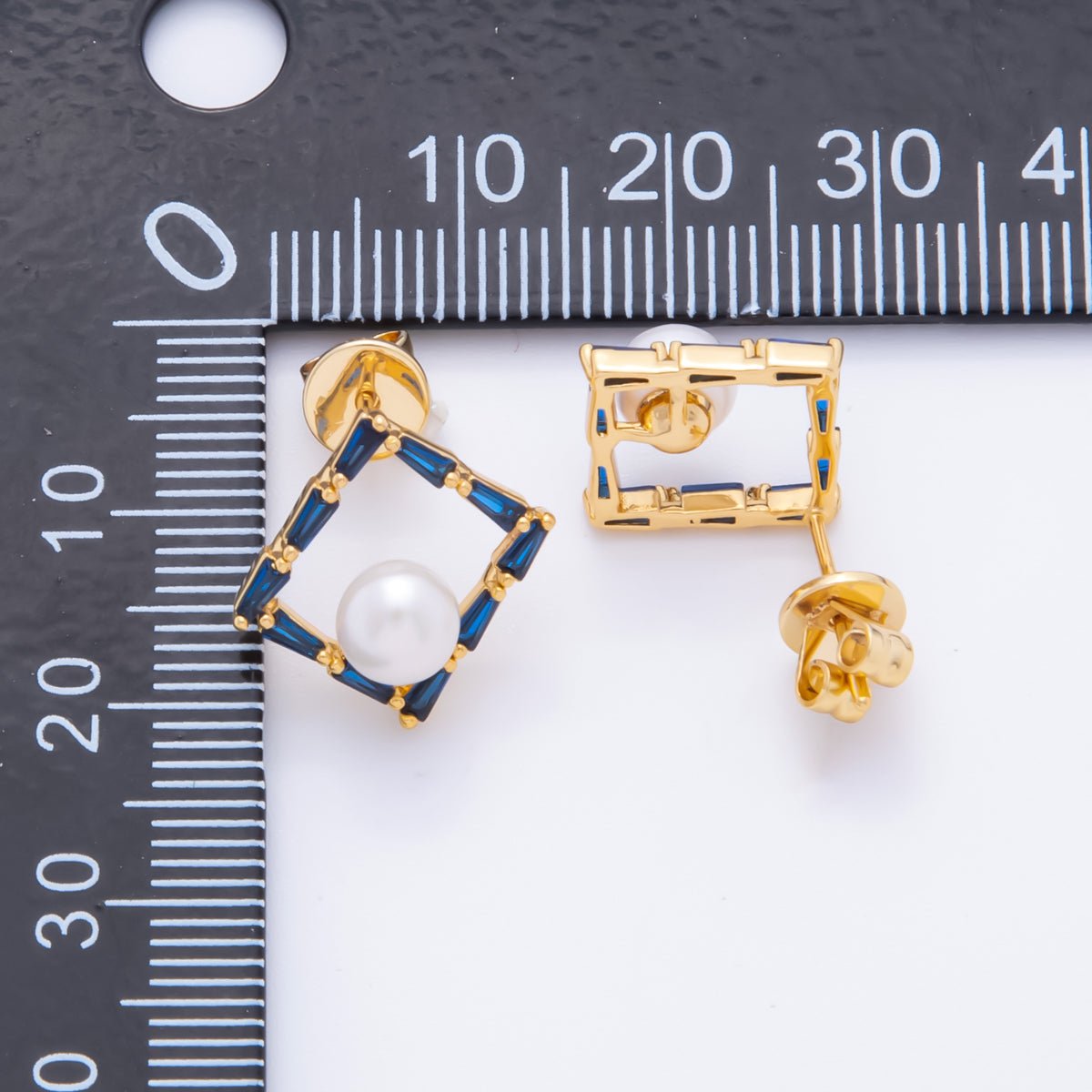 18K Gold Filled Blue Rectangular CZ Centerpoint Shell Pearl Square Studs Earrings | AJ - 189 - DLUXCA