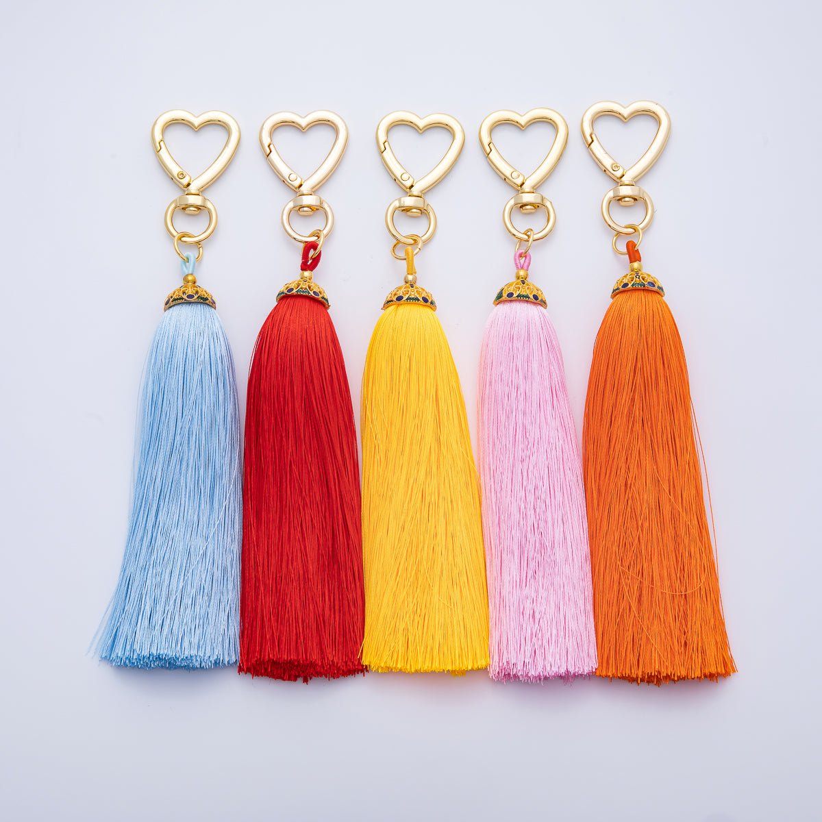 18K Gold Filled Blue, Red, Yellow, Pink, Orange Tassel Heart Push Gate Keychain Fringe Accessories | WB - 00281 ~ WB - 00285 - DLUXCA