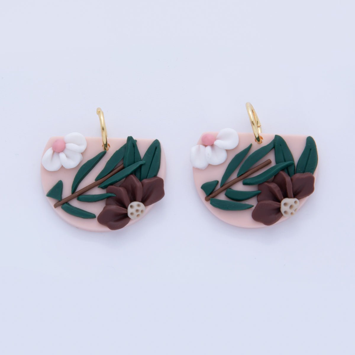 18K Gold Filled Brown White Flower Pink Polymer Clay Charm | AF368 - DLUXCA
