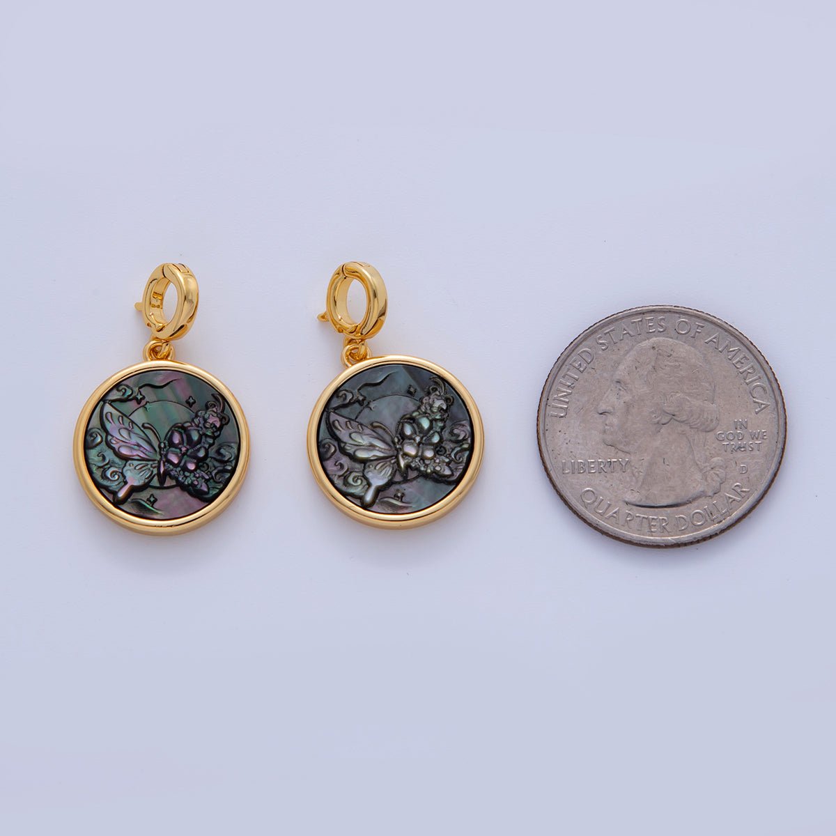 18K Gold Filled Butterfly Abalone Gemstone Pull Gate Rhondelle Drop Pendant | AH715 - DLUXCA