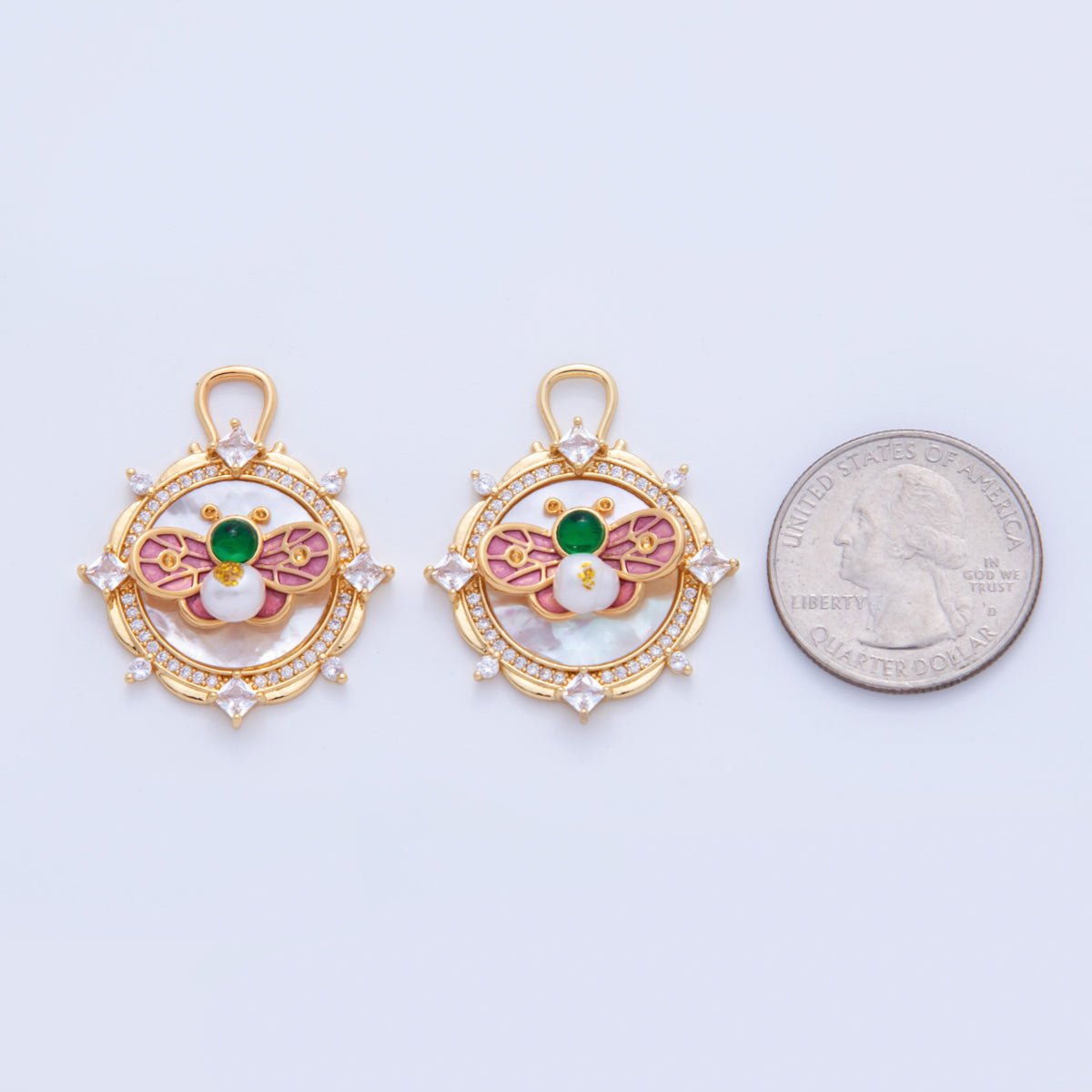 18K Gold Filled Butterfly Insect Shell Pearl Artisan Round Charm | AF345 - DLUXCA