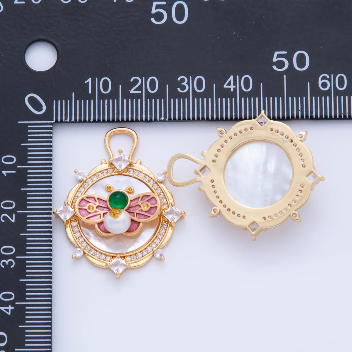 18K Gold Filled Butterfly Insect Shell Pearl Artisan Round Charm | AF345 - DLUXCA