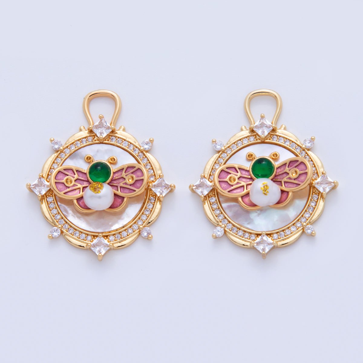 18K Gold Filled Butterfly Insect Shell Pearl Artisan Round Charm | AF345 - DLUXCA