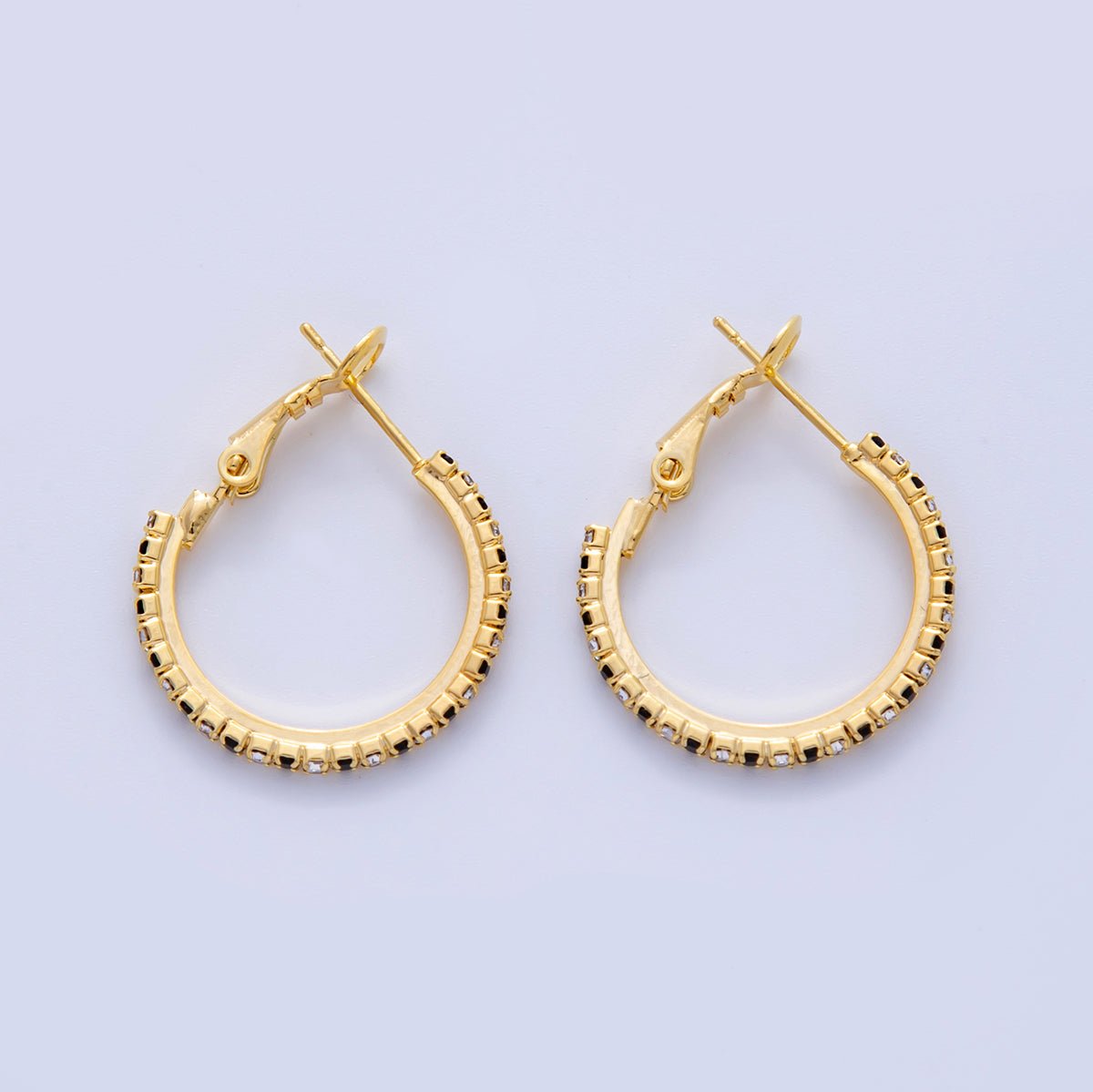 18K Gold Filled B&W Micro Paved CZ Single Step Omega Back Hoop Earrings in Gold & Silver | AI314 - AI323 - DLUXCA