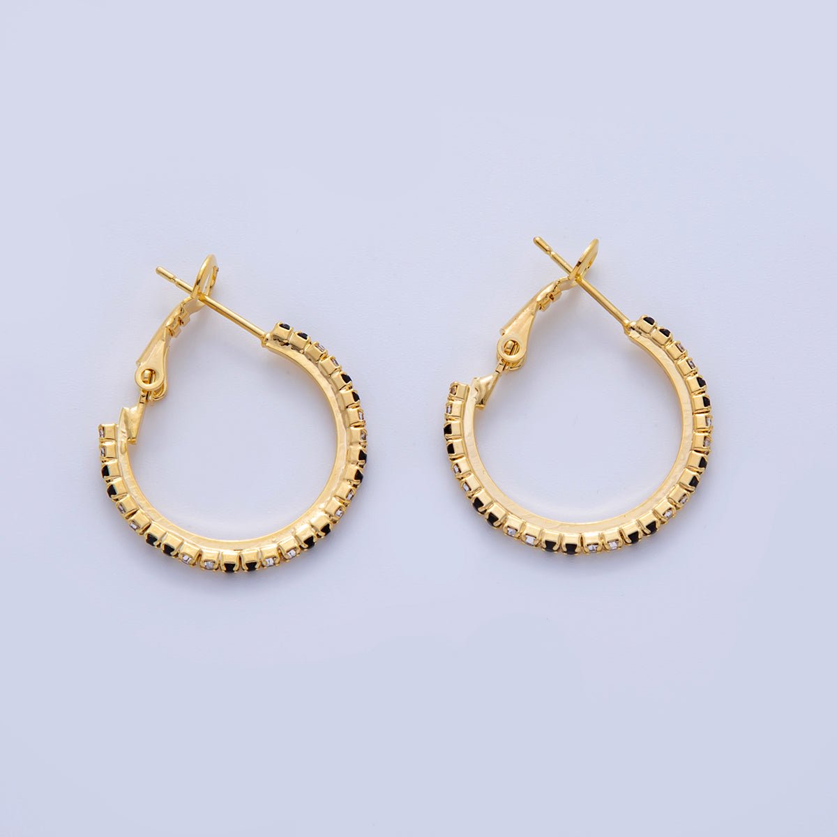 18K Gold Filled B&W Micro Paved CZ Twin Step Omega Back Hoop Earrings in Gold & Silver | AI324 - AI333 - DLUXCA