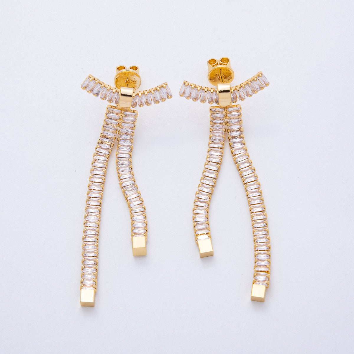 18K Gold Filled Clear Baguette CZ Ribbon Bow Stud Earrings | T065 - DLUXCA