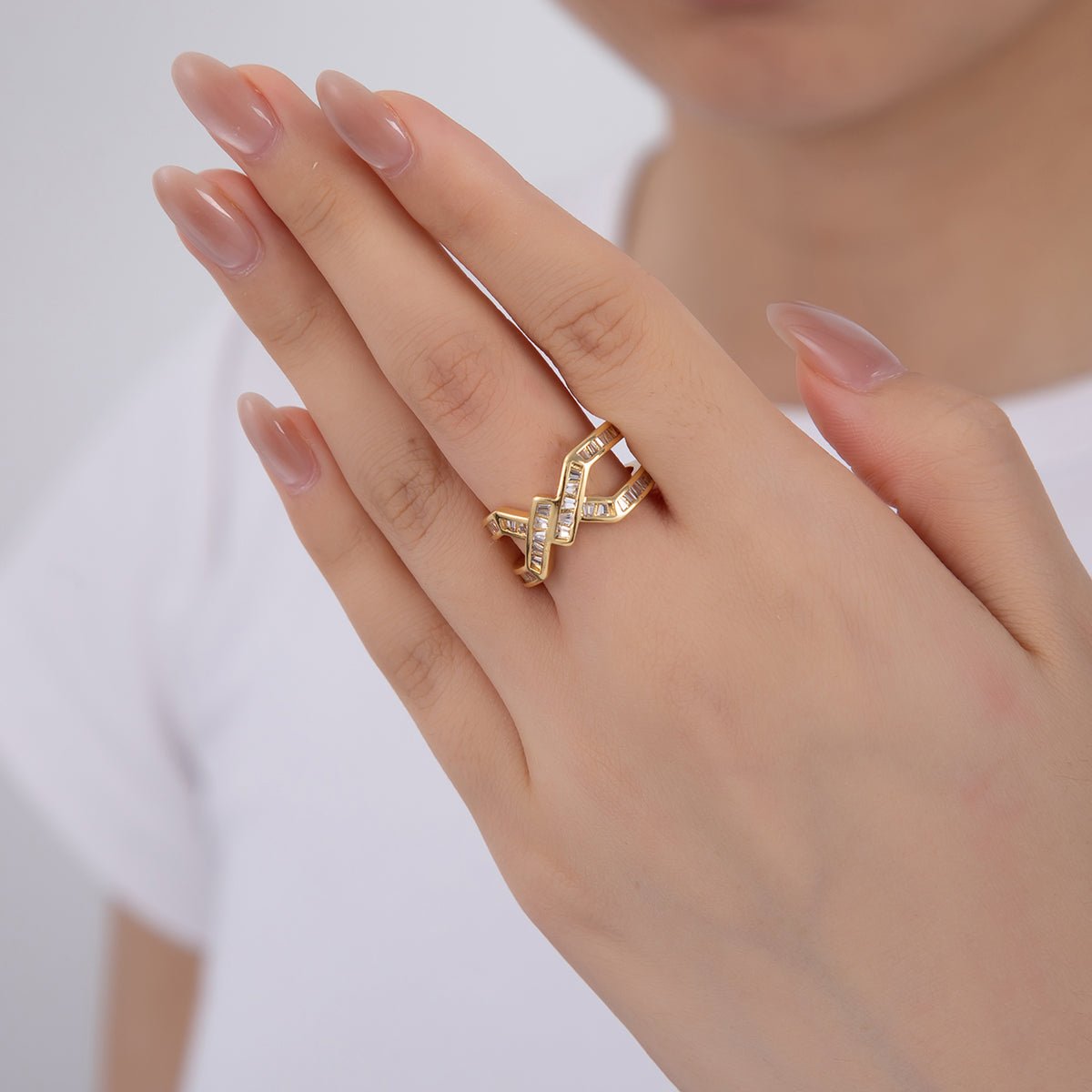 18K Gold Filled Clear CZ Baguette Geometric Double Band Ring | O1749 - DLUXCA