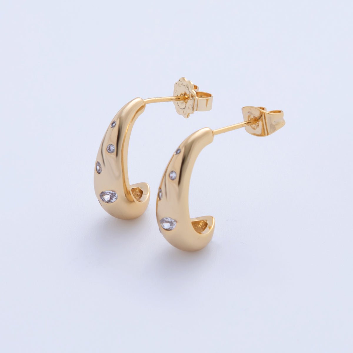18K Gold Filled Clear CZ Dotted Dome J - Shaped Hoop Earrings | AI355 - DLUXCA
