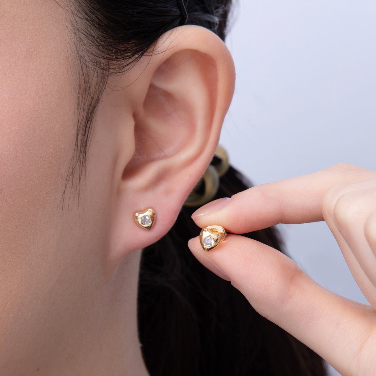18K Gold Filled Clear CZ Dotted Heart Mini Stud Earrings | AD1634 - DLUXCA