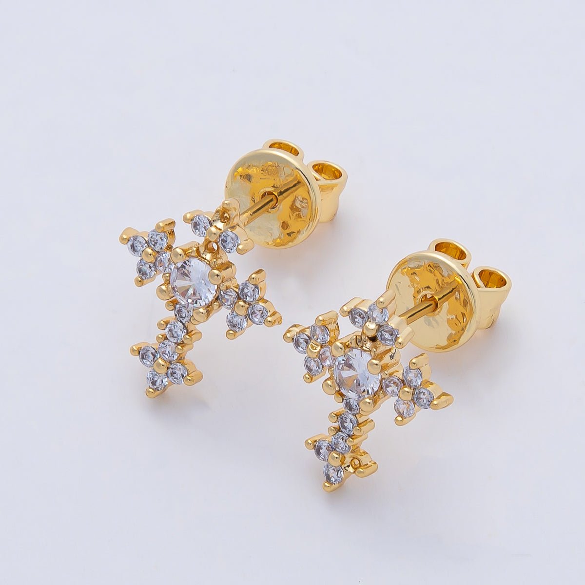 18K Gold Filled Clear CZ Flower Religious Passion Cross Stud Earrings | AD1664 - DLUXCA