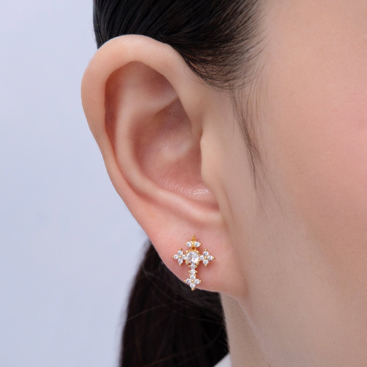 18K Gold Filled Clear CZ Flower Religious Passion Cross Stud Earrings | AD1664 - DLUXCA