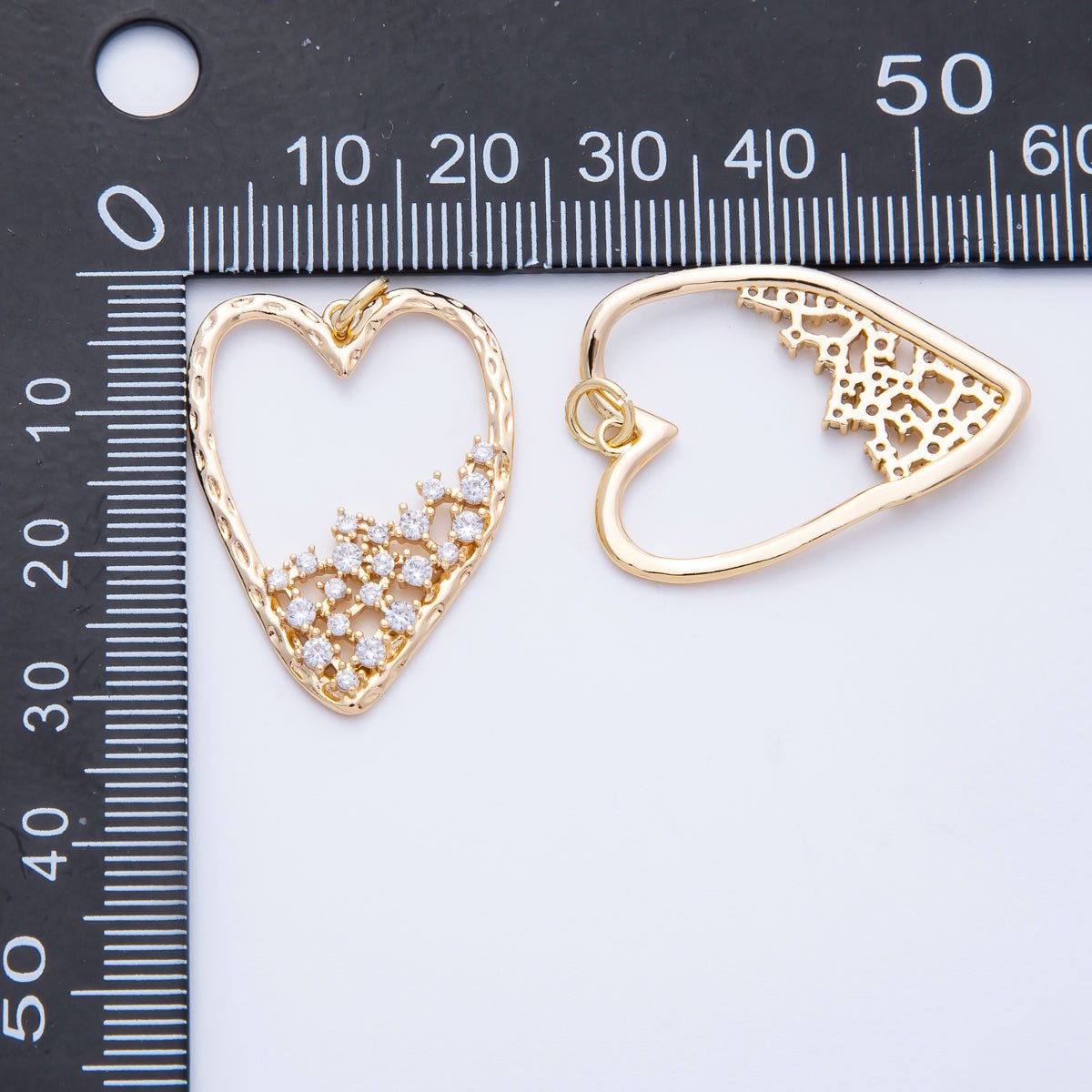 18K Gold Filled Clear CZ Gradient Open Hammered Heart in Gold & Silver | Charms - 00312 Charms - 00313 - DLUXCA
