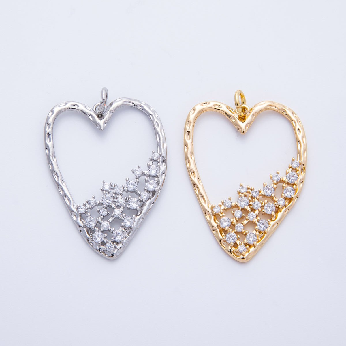 18K Gold Filled Clear CZ Gradient Open Hammered Heart in Gold & Silver | Charms - 00312 Charms - 00313 - DLUXCA