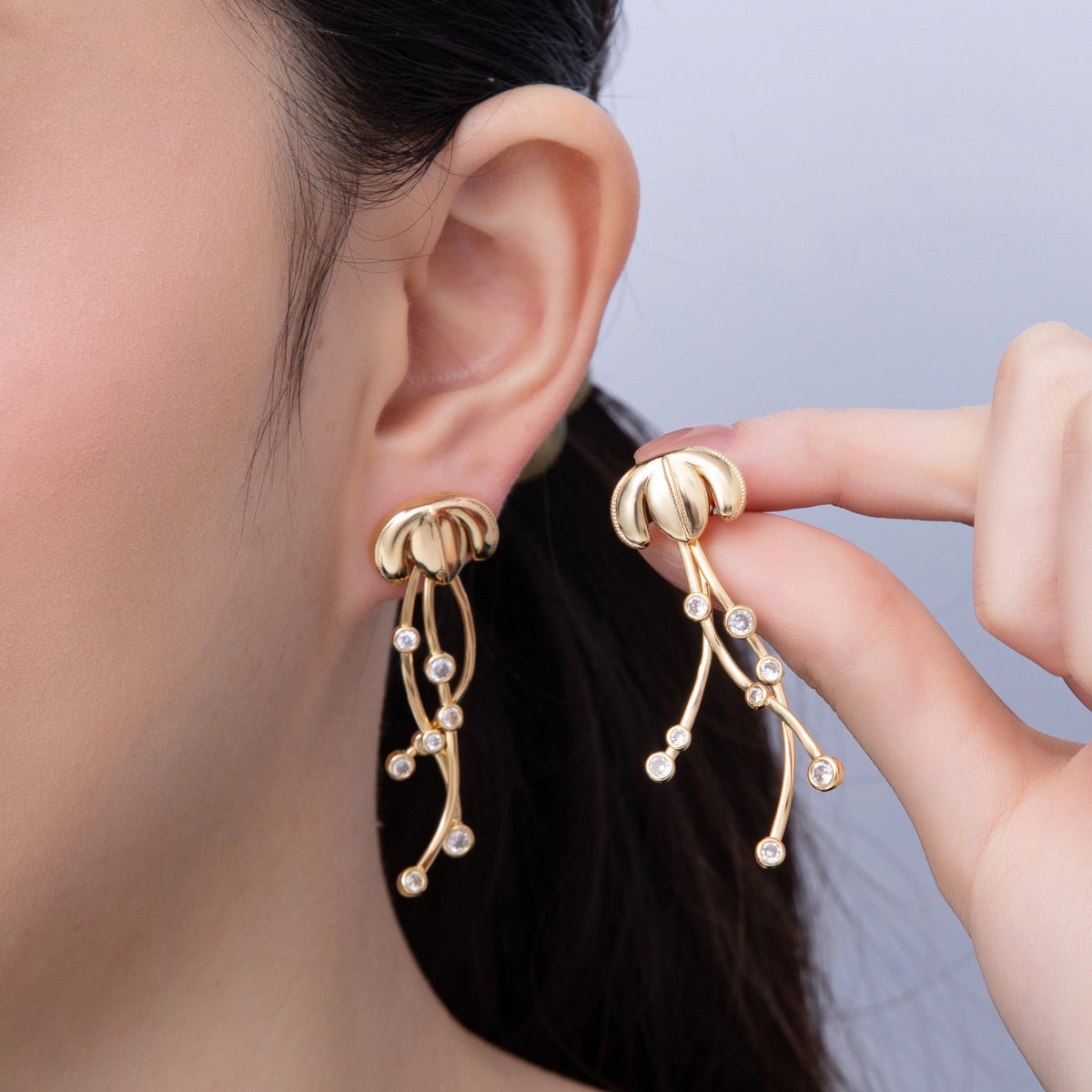 18K Gold Filled Clear CZ Jellyfish Drop Stud Earrings | AD1606 - DLUXCA