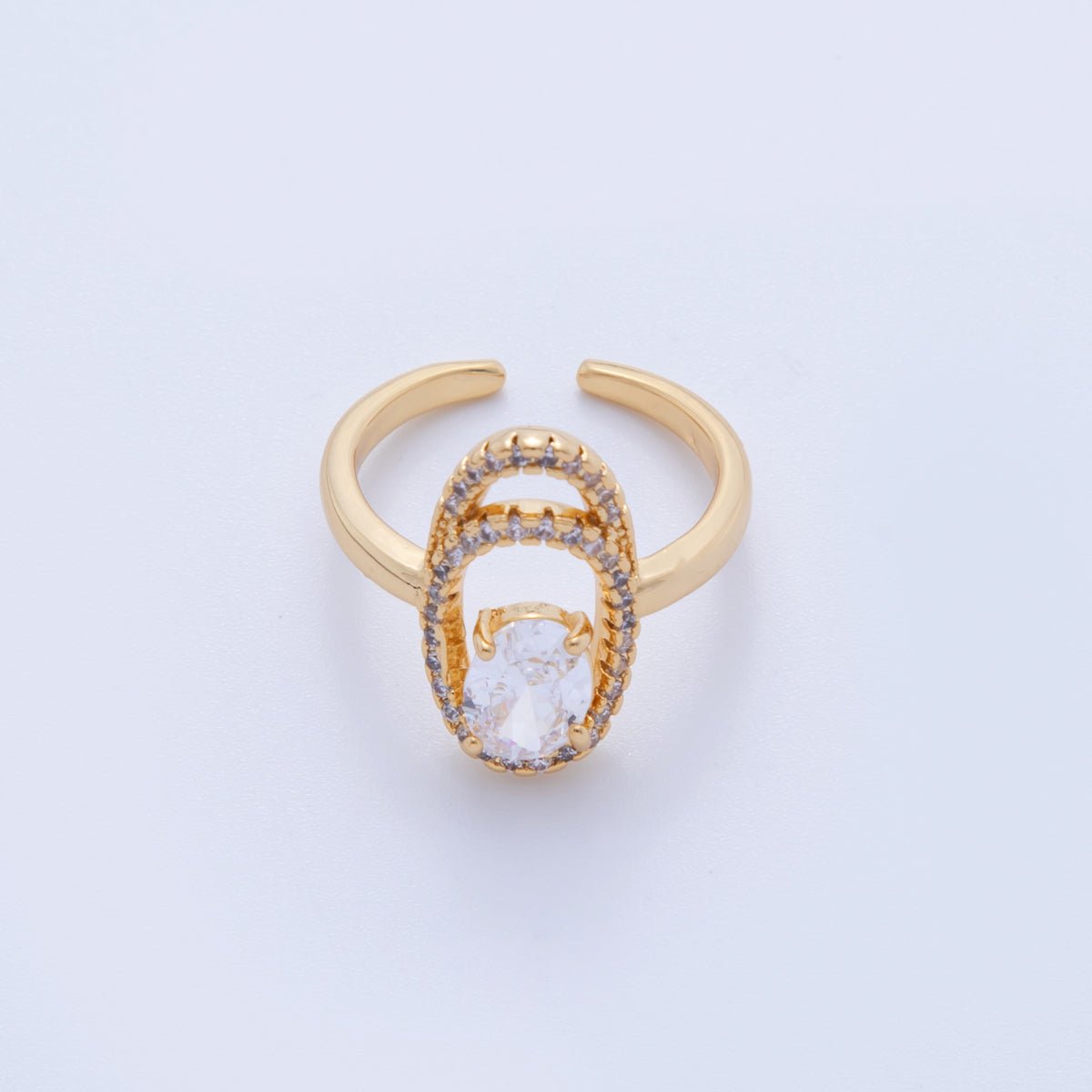 18K Gold Filled Clear CZ Micro Paved Oval Oblong Solitaire Ring | O1728 - DLUXCA