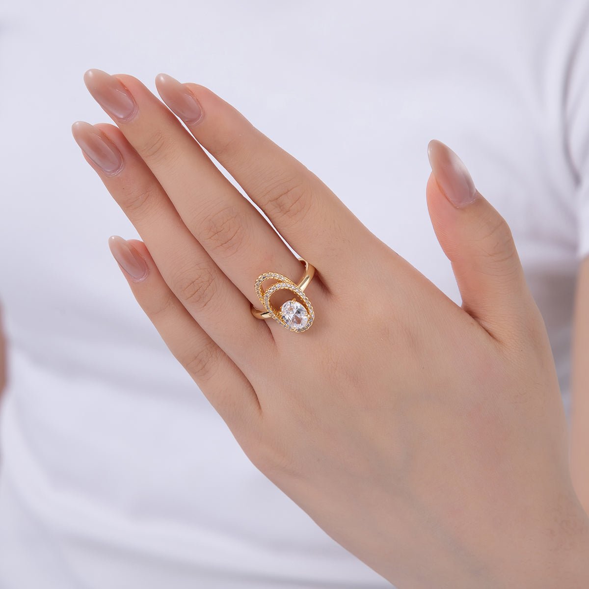 18K Gold Filled Clear CZ Micro Paved Oval Oblong Solitaire Ring | O1728 - DLUXCA