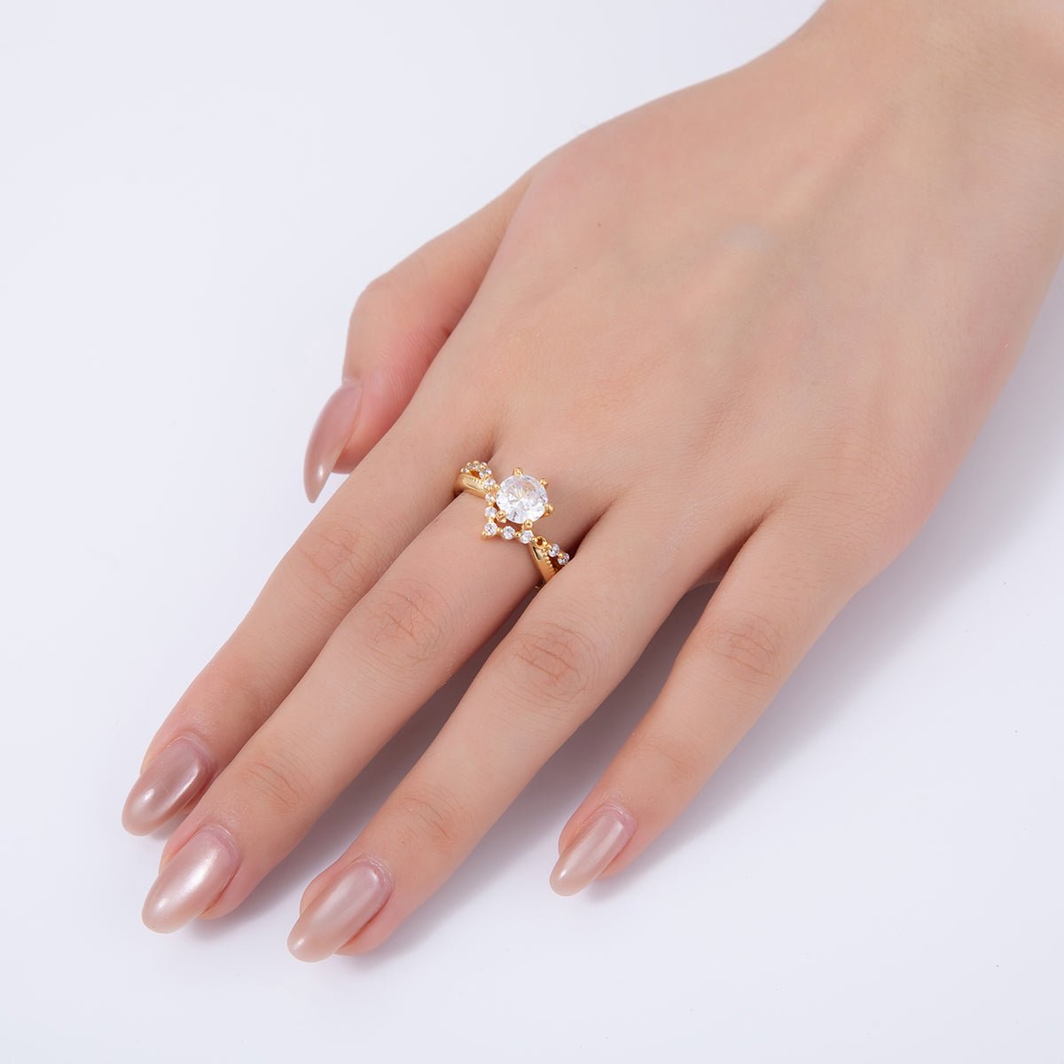 18K Gold Filled Clear CZ Micro Paved Solitaire Chevron Ring | O1742 - DLUXCA