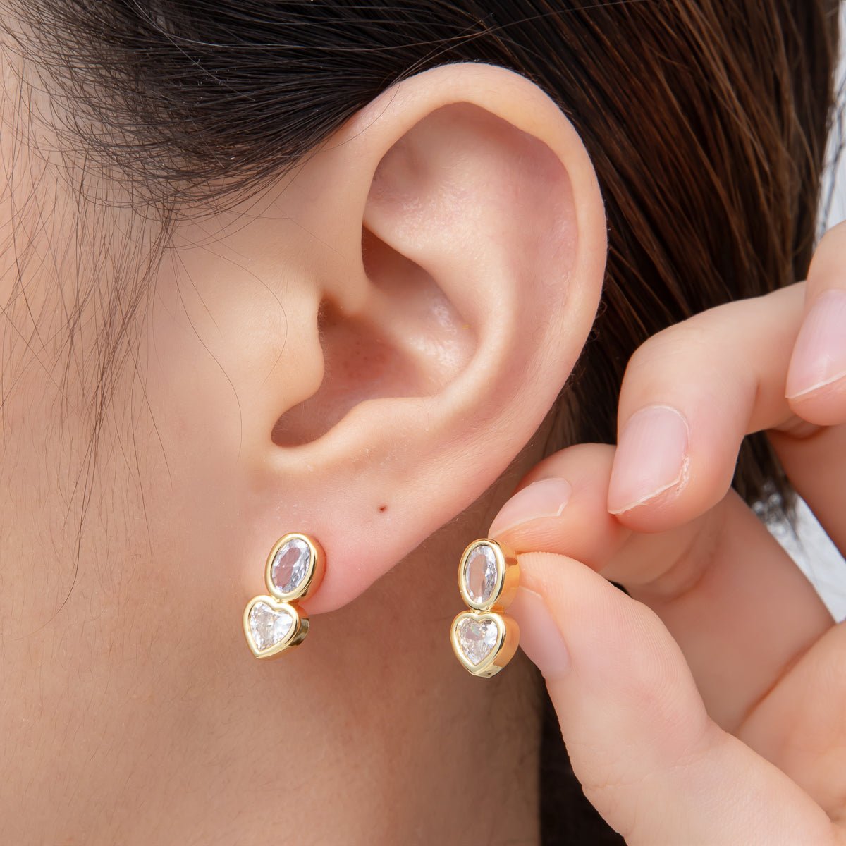 18K Gold Filled Clear CZ Oval Heart Bezel Drop Studs Earrings | AJ285 AJ286 - DLUXCA