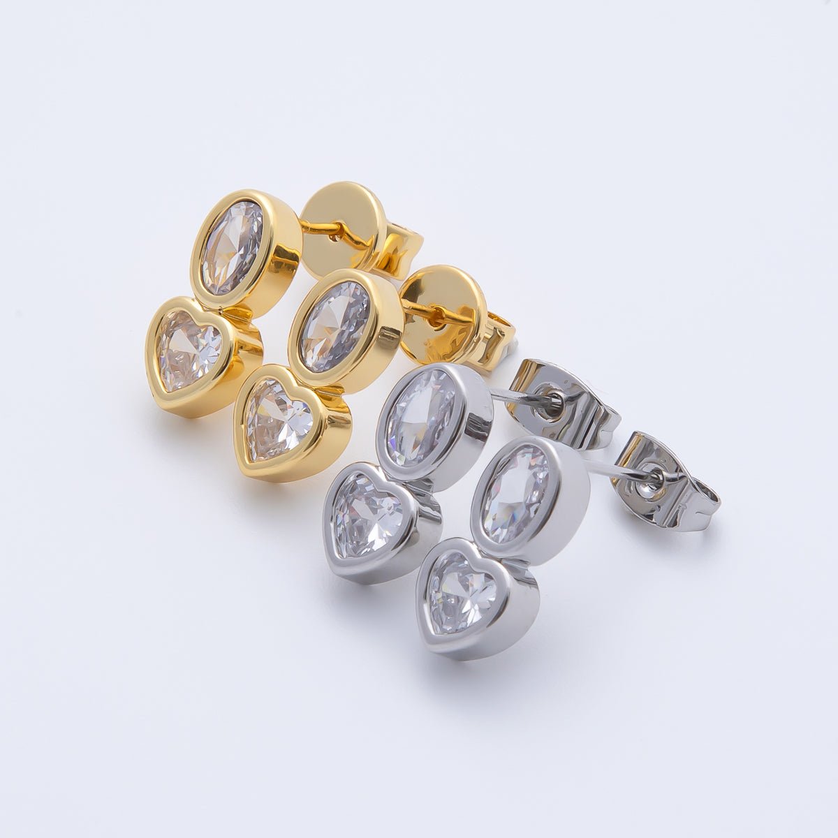 18K Gold Filled Clear CZ Oval Heart Bezel Drop Studs Earrings | AJ285 AJ286 - DLUXCA